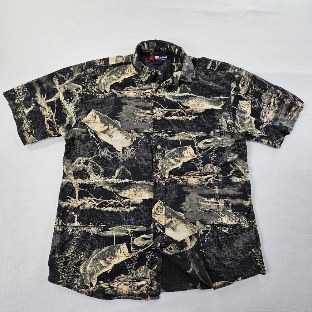 Reel Legends Black Fishing Print Short SLeeve Cotton Button-Up Shirt Men's L